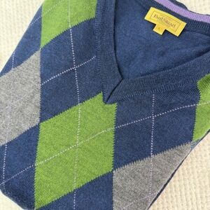 Vintage Paul Stuart Italy Extrafine Merino Wool Argyle V-Neck Sweater Blue‎ L